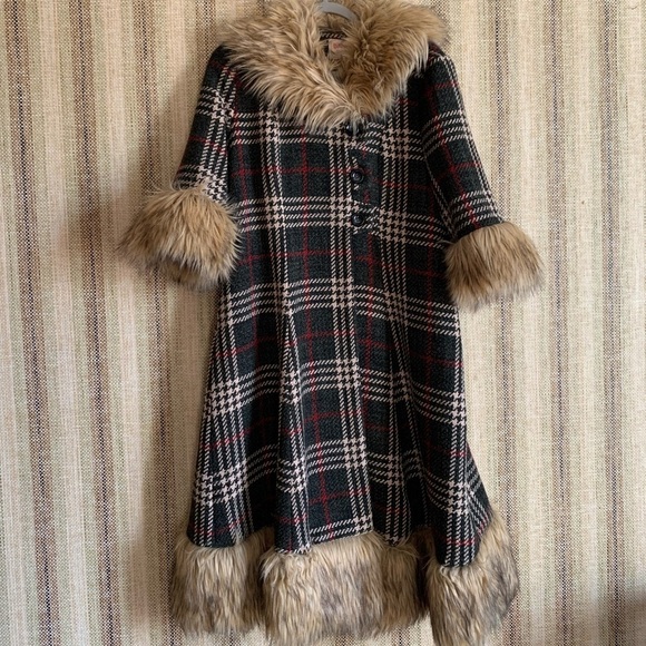 banned Dresses & Skirts - Vintage BANNED Plaid Faux Fur Trim Trench Coat Jacket Chic Fashion Designer
